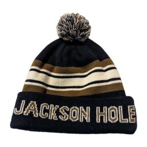 Dimco Apparel Jackson Hole Wyoming Striped Pom Pom Cuffed Beanie Hat‎ Navy Blue